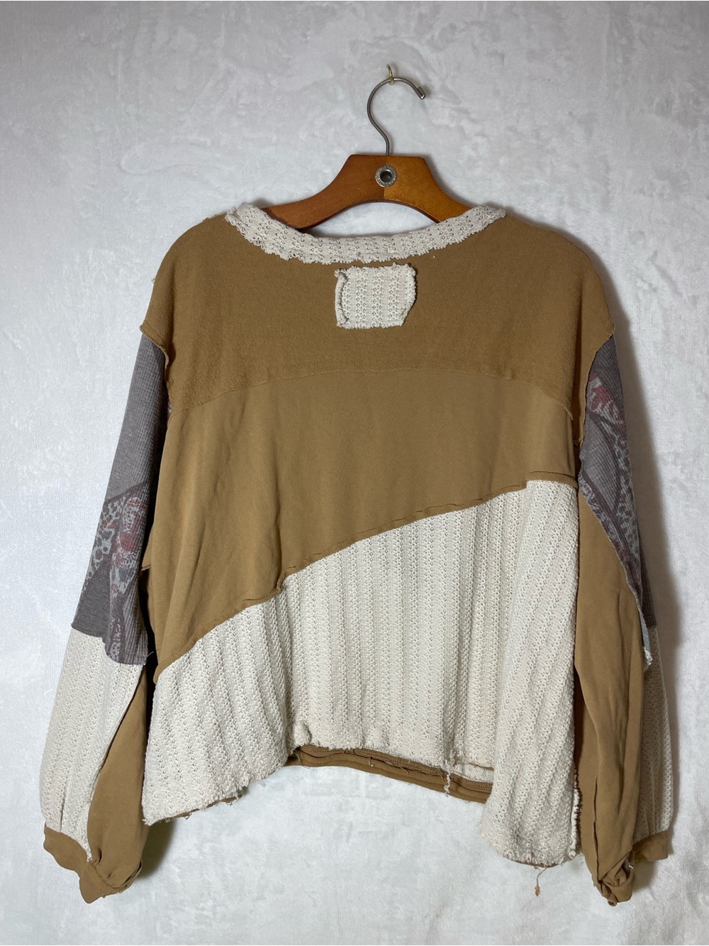 POL Cream and Tan Peace Sign Patchwork Pullover - Picture 2 of 4